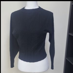 Vintage Black Cashmere Crewneck Ribbed Cuff & Hem Cropped Sweater